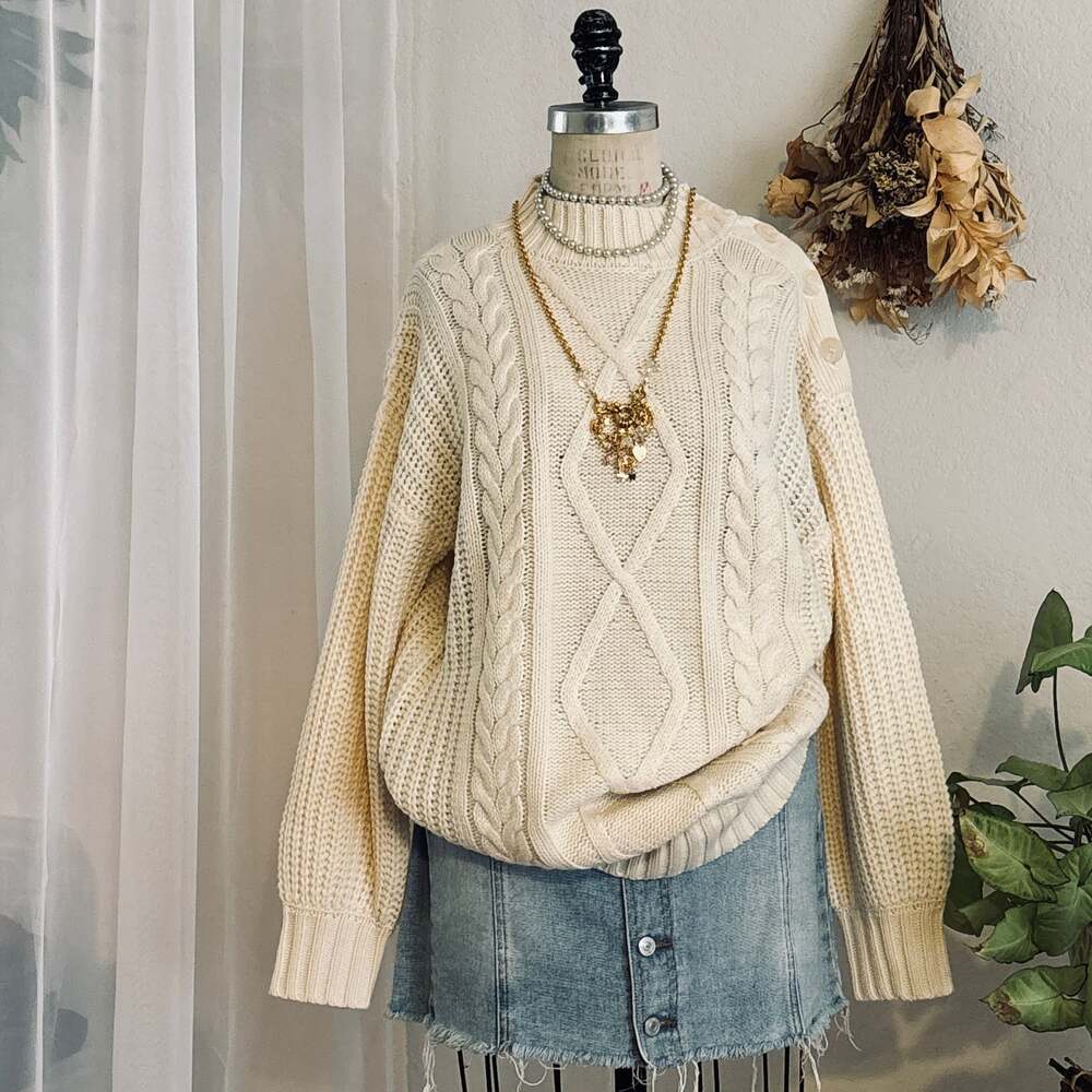Frankie Cable Cotton Knit Oversized Sweater in Ivory